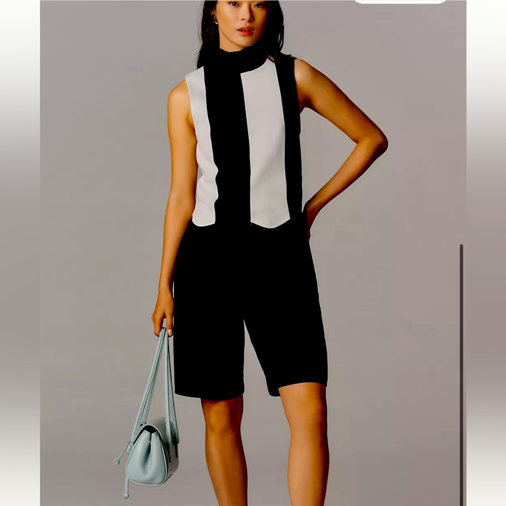 ANTHROPOLOGIE MAEVE SCALLOPED TURTLENECK SWEATER TANK TOP BLACK&WHITE L NWT